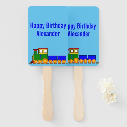 Gelukkige Verjaardagstrein en Naam Handwaaier (Voorkant en achterkant)