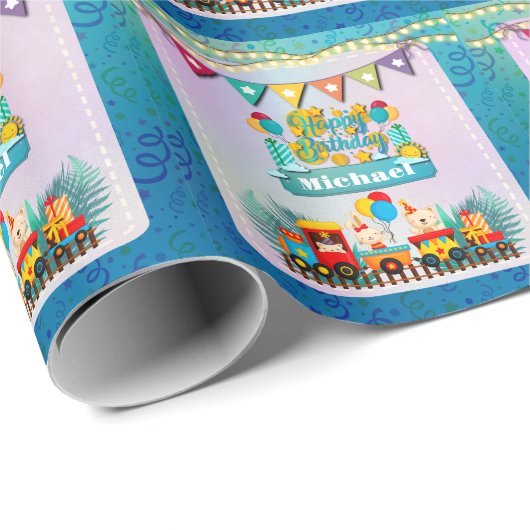 Gelukkige Verjaardagstrein met Leuke Dieren Wensen Cadeaupapier (Rol Hoek)