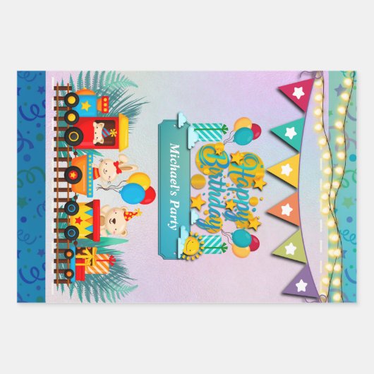 Gelukkige Verjaardagstrein met Leuke Dieren Wensen Inpakpapier Vel (Voorkant)