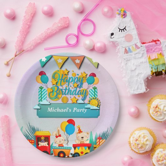 Gelukkige Verjaardagstrein met Leuke Dieren Wensen Papieren Bordje (Feest)
