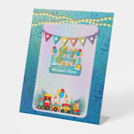 Gelukkige Verjaardagstrein met Leuke Dieren Wensen Reclamebord Met Voetstuk