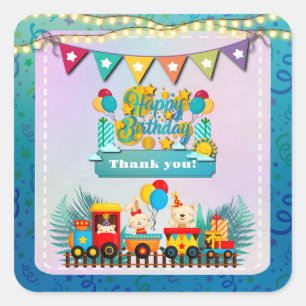 Gelukkige Verjaardagstrein met Leuke Dieren Wensen Vierkante Sticker