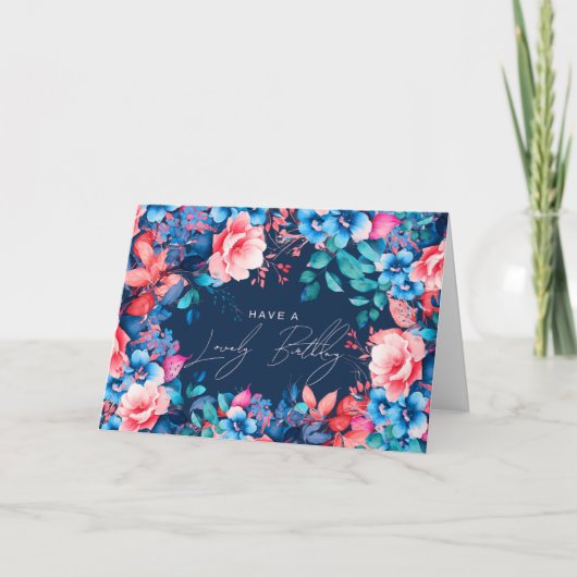 Gelukkige Verjaardagstuin Bloemen Roze Marine Blau Kaart (Voorkant)