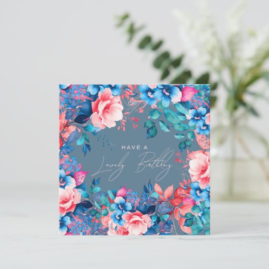 Gelukkige Verjaardagstuin Floral Blush Dusty Blue Kaart (Staand voorkant)