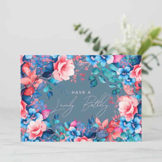 Gelukkige Verjaardagstuin Floral Dusty Blue Blush Kaart (Staand voorkant)