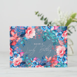 Gelukkige Verjaardagstuin Floral Dusty Blue Blush Kaart