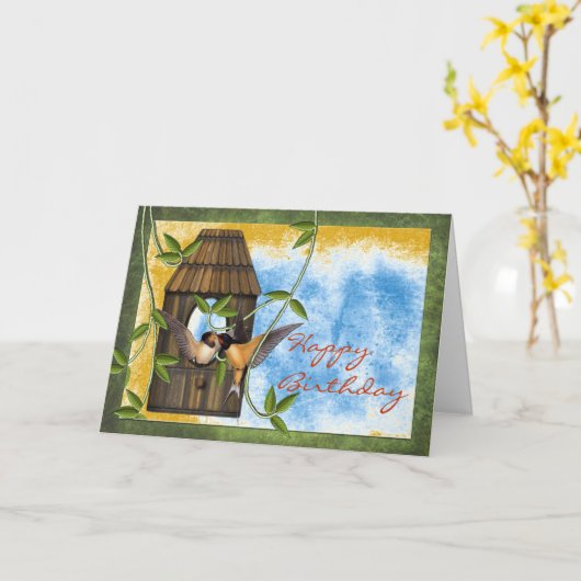 Gelukkige Verjaardagszwaluwen bij vogelhuis met wi Kaart (Gele Bloem)