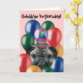 Gelukkige Verjaarsdag birthday pug greeting card Kaart (Gele Bloem)