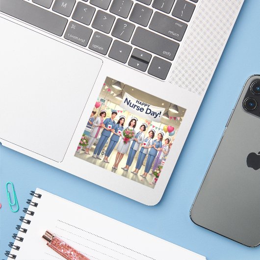 Gelukkige verpleegdag sticker (Laptop met iPhone)
