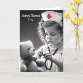 Gelukkige verpleegster met teddybeer kaart (Gele Bloem)
