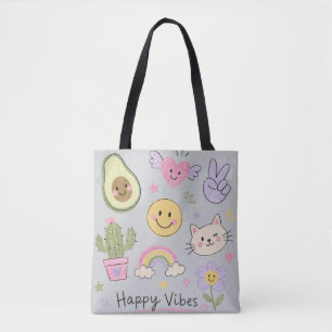 Gelukkige Vibes Kawaii Doodle Schattige Smiley R Tote Bag