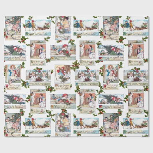 Gelukkige Victoriaans Kinderen met Kerstmisgroeten Cadeaupapier (Vlak)