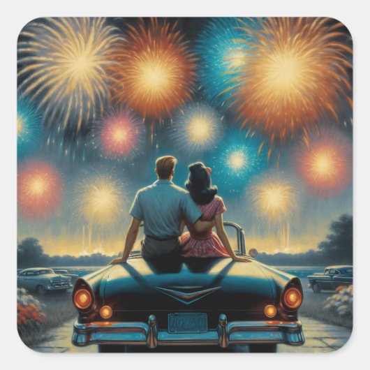 Gelukkige vierde juli | 1950's Paar Vuurwerk Vierkante Sticker (Voorkant)