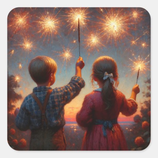 Gelukkige Vierde Kinderen met Sparklers Gepersonal Vierkante Sticker (Voorkant)