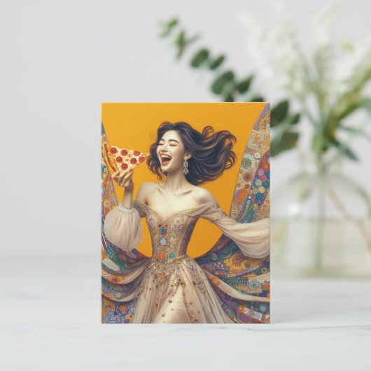 Gelukkige Vrouw Met Pizza Kleurrijk Uniek Briefkaart (Staand voorkant)