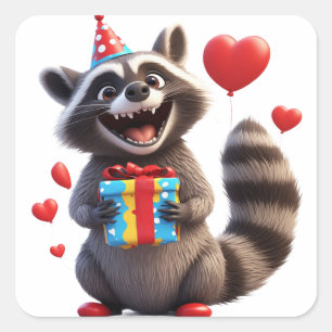 🎁 Gelukkige Wasbeer Met Ballonnen En Cadeau Vierkante Sticker