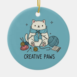 Gelukkige Witte Kat Brei Blauwe Draad Ambacht Lief Keramisch Ornament