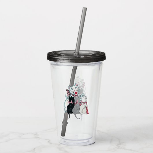 Gelukkige Witte Moeder Kat Drie Kittens in Roze Bo Acryl Drinkbeker (Achterkant)