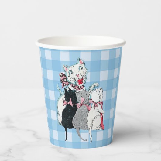 Gelukkige witte Moeder Kat Drie Kittens Plaid Papieren Bekers (Achterkant)