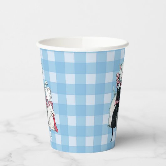 Gelukkige witte Moeder Kat Drie Kittens Plaid Papieren Bekers (Links)