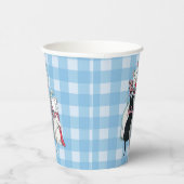 Gelukkige witte Moeder Kat Drie Kittens Plaid Papieren Bekers (Rechts)