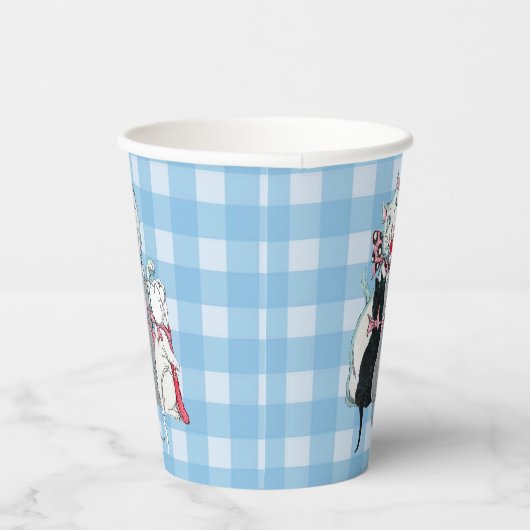 Gelukkige witte Moeder Kat Drie Kittens Plaid Papieren Bekers (Rechts)