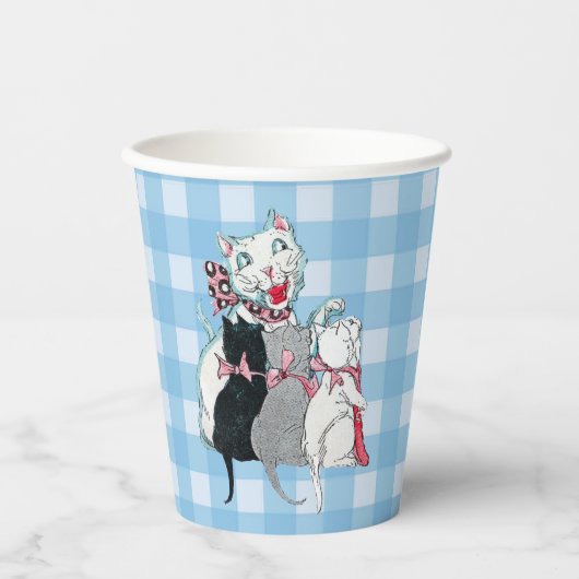 Gelukkige witte Moeder Kat Drie Kittens Plaid Papieren Bekers (Voorkant)