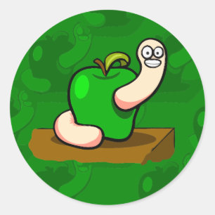 Gelukkige worm in groene appel ronde sticker