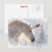 Gelukkige Yule Eenhoorn en Kardinaal Feestdagenkaart (Voorkant / Achterkant)
