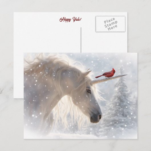 Gelukkige Yule Eenhoorn en Kardinaal Feestdagenkaart (Voorkant / Achterkant)