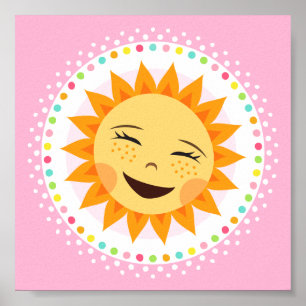 Gelukkige zon met kleurrijke stippelrand wanddecor poster