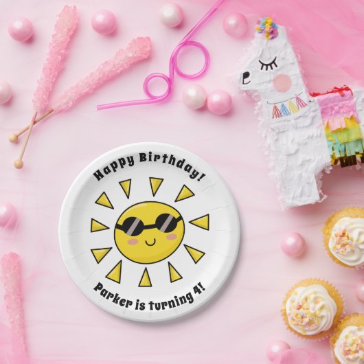 Gelukkige zon met zonnebril Custom verjaardagsfees Papieren Bordje (Feest)