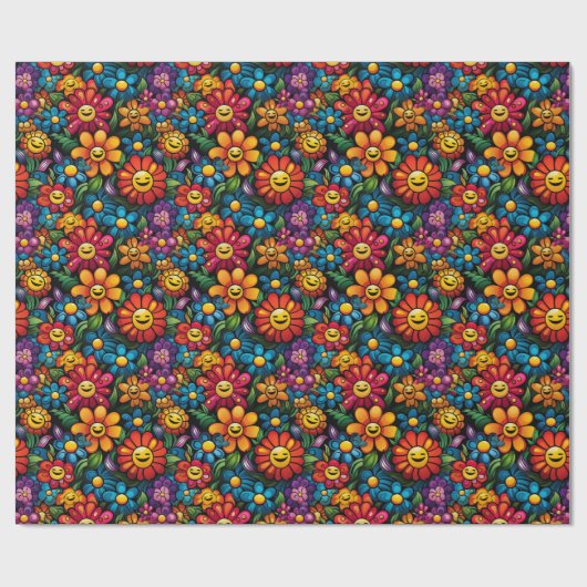 Gelukkige Zonnebloemen Vector: Zwart achtergrondon Cadeaupapier (Vlak)