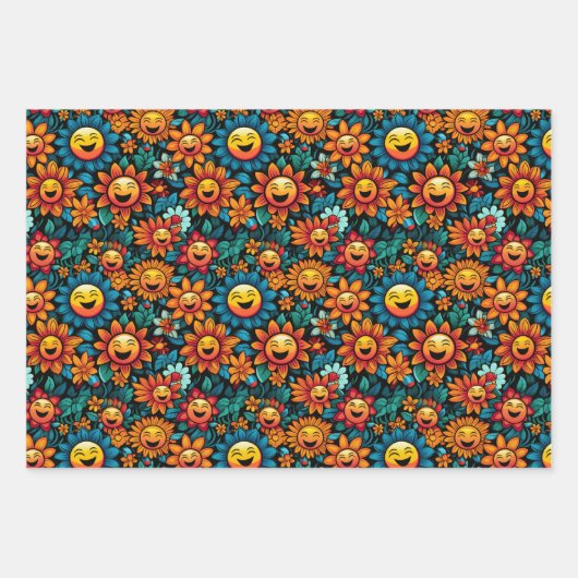 Gelukkige Zonnebloemen Vector: Zwart achtergrondon Inpakpapier Vel (Voorkant 3)