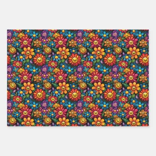 Gelukkige Zonnebloemen Vector: Zwart achtergrondon Inpakpapier Vel (Voorkant)