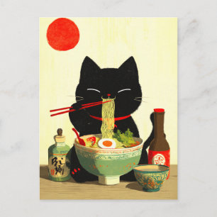 Gelukkige zwarte kat die ramen eet Japanse Ukiyo Briefkaart