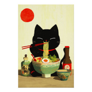 Gelukkige Zwarte Kat Eet Ramen   Japanse Ukiyo-e Perfect Poster