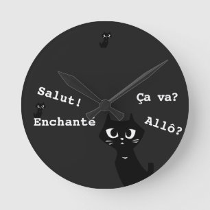 Gelukkige Zwarte Katten die in het Frans begroeten Ronde Klok