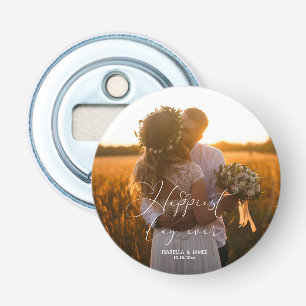 Gelukkigste Dag Elegante Kalligrafie Trouwfoto Button Flesopener