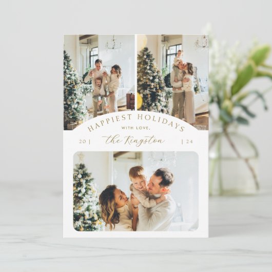 Gelukkigste Feestdagen | Elegant goud 3 fotocollag Feestdagenkaart (Staand voorkant)