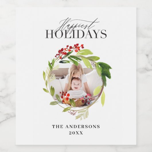 Gelukkigste feestdagen foto kerst familie wijn etiket (Enkel label)
