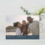 Gelukkigste Feestdagen Script Blue Christmas Photo Feestdagenkaart (Staand voorkant)