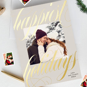 gelukkigste kerst kalligrafie één foto beige folie feestdagenkaart