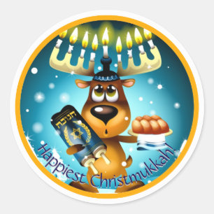 Gelukkigste Kerstmukkah Chanoeka Kerstmis Rendier Ronde Sticker