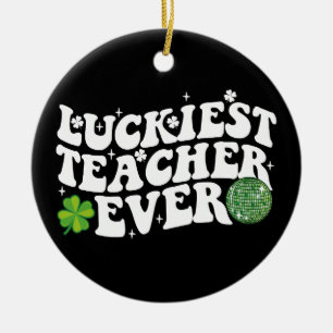 Gelukkigste leraar ooit Disco Ball Shamrock Groovy Keramisch Ornament