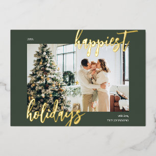 Gelukkigste Vakantie Borstel Schrift Foto Groen Folie Feestdagenkaart