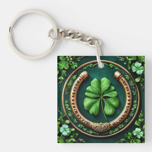 Geluks Hoefijzer Met Klavertje Vier Symbool Dageli Sleutelhanger (voorkant)