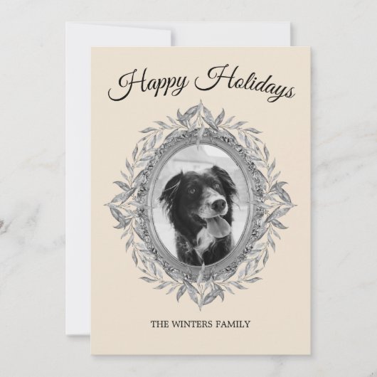 Geluks vakantie Zilveren grijze bladeren krans fot Feestdagenkaart (Voorkant)