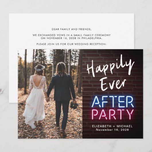 Geluksfeest Neon Verlichte Foto Bruiloft Aankondiging (Voorkant / Achterkant)