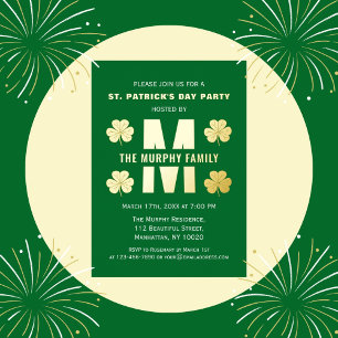 Geluksfeest St. Patrick's Dag Familie Naam Monogra Folie Uitnodiging